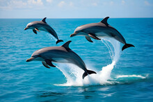 Three Dolphins Jumping Out Of The Water, Sea, Summer, Season, Wildlife, Sea Animals