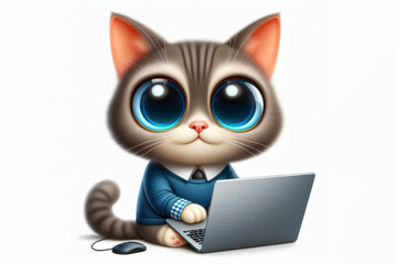 cat programmer with laptop isolated on a white background