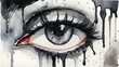 painting of a weary and sorrowful eye shedding black tears, with a background of dripping paint