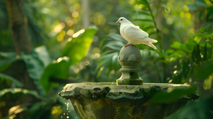 Poster - A solitary white dove perched atop a rustic stone fountain, its feathers ruffled by a gentle breeze, set against a backdrop of lush foliage in varying shades of green