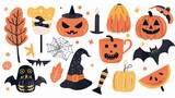 Fototapeta Pokój dzieciecy - Hand drawn abstract Halloween items, gifts, ornaments, celebration flat icons set. Color isolated illustrations. Colourful. 