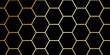 © Sofiqul - Abstract hexagons pattern. Geometric background with golden hexagonal elements on black. Abstract octagons dark 3d background. black golden line hexagons backdrop wallpaper with copy space for text.