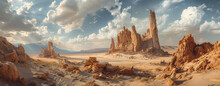 Breathtaking Panoramic View Of An Alien-like Desert Landscape With Towering Rock Formations Under A Dramatic Sky.