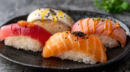 Wall Mural - Assorted Nigiri Sushi on a Dark Plate. Fresh, Delicious, Colorful Japanese Cuisine. Ideal for Food Blogs and Menus. AI