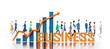 Success graphs and arrow next to BUSINESS word,  blur of walking people at background. Copy space at white. 3D rendering.	