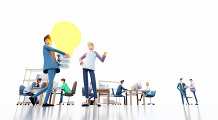 Wall Mural - Businessman caring big light bulb as symbol of new idea, solving the problems, business people blur at the background. 3D rendering