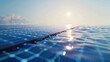 ESG focus, Ocean-based solar panels, close-up, reflective water, clear sky, sustainable energy concept, superrealistic