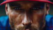 A decade of memories etched on the face of a baseball player, captured in vivid detail as they stand in their blue and red uniform, embodying the essence of the sport