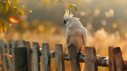 Wall Mural - A stunning cockatoo perched on a weathered wooden fence, with a blurred countryside landscape in the background, inviting text overlay on the left