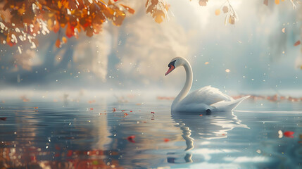 Wall Mural - A swan gliding serenely across a glassy lake, its reflection shimmering in the calm waters, while the background fades into a dreamy blur of foliage and sky