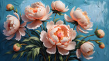 Fototapeta Motyle -  peach-colored peony flowers on soft blue painted with oil paints