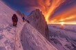 A line of climbers in colorful gear ascends a snowy mountain face as sunrise casts a fiery glow over the rugged peaks.