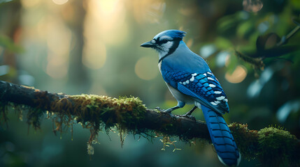 Wall Mural - A vibrant Blue Jay perched on a mossy branch against a soft-focus forest backdrop, showcasing its azure plumage