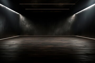 Wall Mural - 3D render of an empty room with black walls and a floor