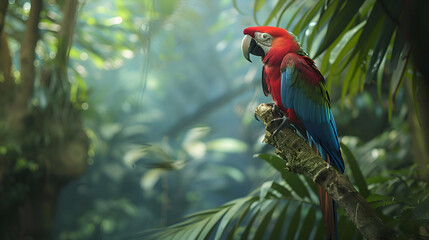 Wall Mural - A vibrant macaw perched on a lush tree branch against a softly blurred rainforest backdrop, showcasing its majestic plumage