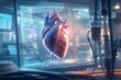 human heart, with neon lights and medical equipment in the background. 