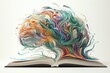 colorful brain made of paint, coming out from an open book on a white background
