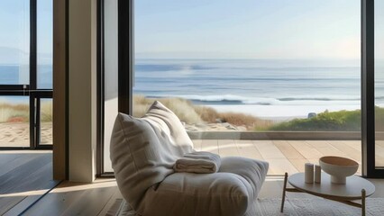 Wall Mural - A cozy reading nook in this minimalist beach house offers the perfect spot to relax and admire the expansive ocean views. . .