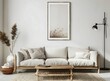 Sofa, coffee table and floor lamp in a modern living room with a poster on the wall, white walls, wooden furniture and a black metal spotlight stand in the style of modern living room