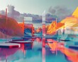 Abstract landscape of augmented reality layers merging with physical objects, blurring realities
