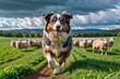An Australian Shepherd herding sheep in a green field, action shot capturing determination and skill