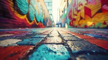 A Colorful Street With Graffiti On The Walls And A Brick Sidewalk. The Street Is Wet And The Colors Are Vibrant
