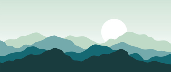 Wall Mural - mountain minimal background vector. abstract landscape hills with green color, sun, moon. nature vie