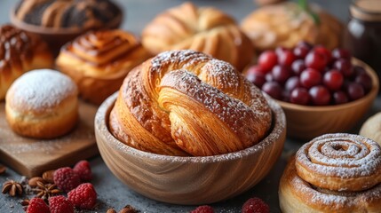 Wall Mural -   A selection of pastries arranged on a table with a bowl of raspberries and additional pastries nearby
