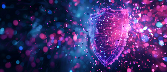 Abstract background with digital shield made of data particles glowing pink blocking against cyber attacks. Concept of cyber security technology and protection in network or system. AI technology.