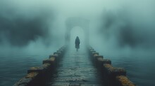   Person On Pier Amidst Body Of Water, Foggy Sky Backdrop