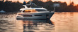 Cinematic shot of a luxury yacht, white in color with black details, with two floors and large windows, on the water in a summer evening with daylight in a low angle view