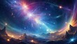 A breathtaking digital artwork featuring a luminous cosmic event over a fantastical alien terrain with vibrant celestial bodies.. AI Generation