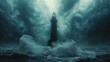 A lighthouse is in the middle of a stormy sea. The waves are crashing against the lighthouse, and the sky is dark and cloudy. Scene is intense and dramatic
