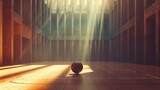 Fototapeta Fototapety sport - a visually stunning AI-generated image of a basketball ball on the floor of a sport arena, with the gym bathed in sunlight, creating a captivating interplay of shadows and brightness attractive look