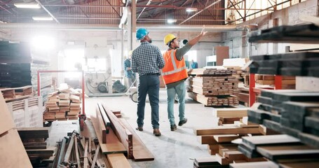 Sticker - Construction, workers and walking in warehouse building, project development and carpentry trade or craftsmanship with timber. People, lumber industry or labour with safety supervisor and hardhat