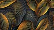 An art deco golden leaf wallpaper with modern tropical plants and floral pattern. Modern illustration in trendy colors.