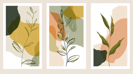 Wall Mural - Abstract plant art modern design for print, cover, wallpaper, minimal and natural wall decor. Earth tone boho foliage line art drawing.