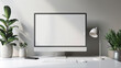 © saltdium - Modern computer with white screen on white desk, minimal atmosphere suitable for working from home, Generative AI