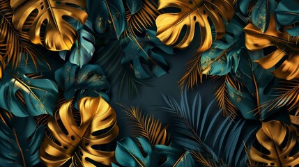 Canvas Print - The luxury gold wallpaper design features dark blue and green tropical leaves with a shiny golden light texture. A modern art mural wallpaper. Modern illustration.