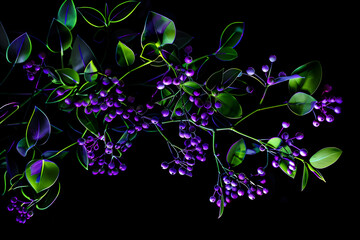 Wall Mural - Neon mistletoe silhouette with purple and green light trails isolated on black background.