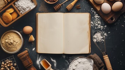 Sticker - An open blank recipe book surrounded by baking ingredients.