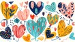 Colorful illustrated hearts with various patterns and decorations