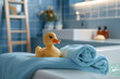 Yellow rubber ducky in bath. Toy for bathing child in bathroom