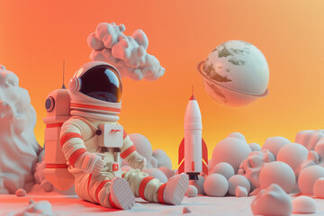 Wall Mural - cartoon astronaut near small rocket on an alien planet. space background for children