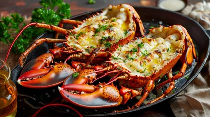 Wall Mural - Cooked lobsters with herbs in a pan, garnished with butter sauce