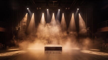 Wall Mural - Dramatic theater stage with lights and smoke, empty and atmospheric