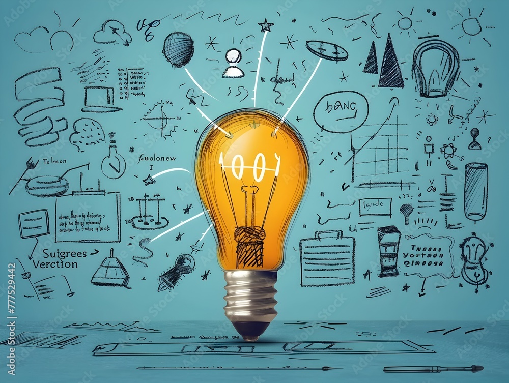 Light Bulb Development Light Bulb Illuminates Drawn Diagrams and Representing New Invention ...
