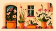 Cozy illustrated windowsill with colorful potted plants and flowers