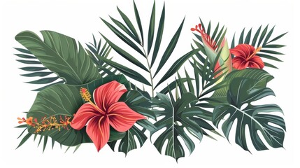 Poster - A white background is adorned with tropical leaves and abstract exotic design elements.