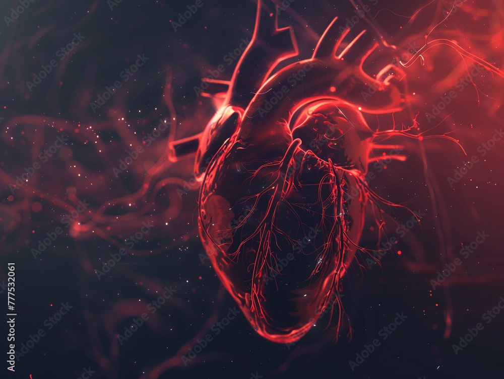 Abstract visualization of a heart beating, with pulsating reds and ...